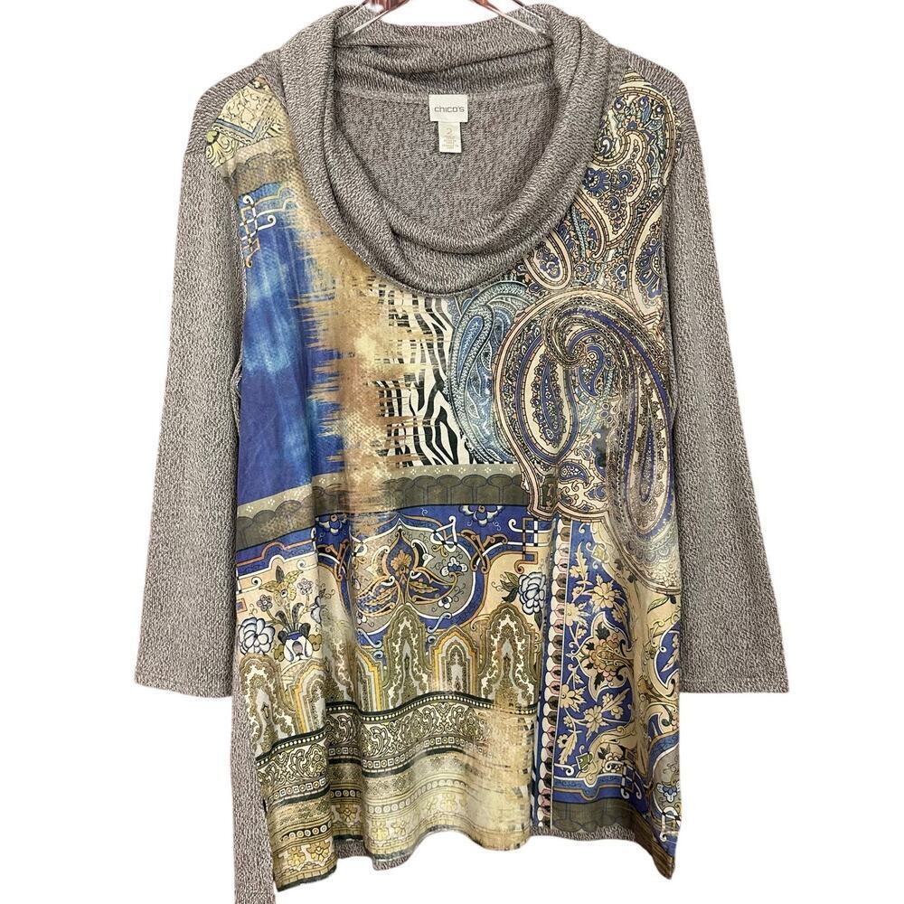 Chico's Womens Cowl Neck Top Suede Front Paisley Size 2 (Large)